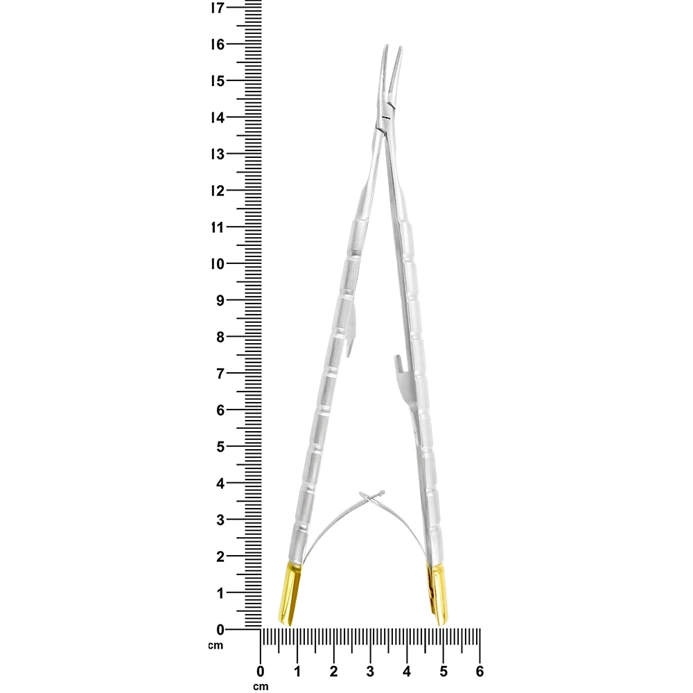 Castroviejo curved needle holder shown with ruler for 6.3 in (16 cm) overall length, SKU 5409C