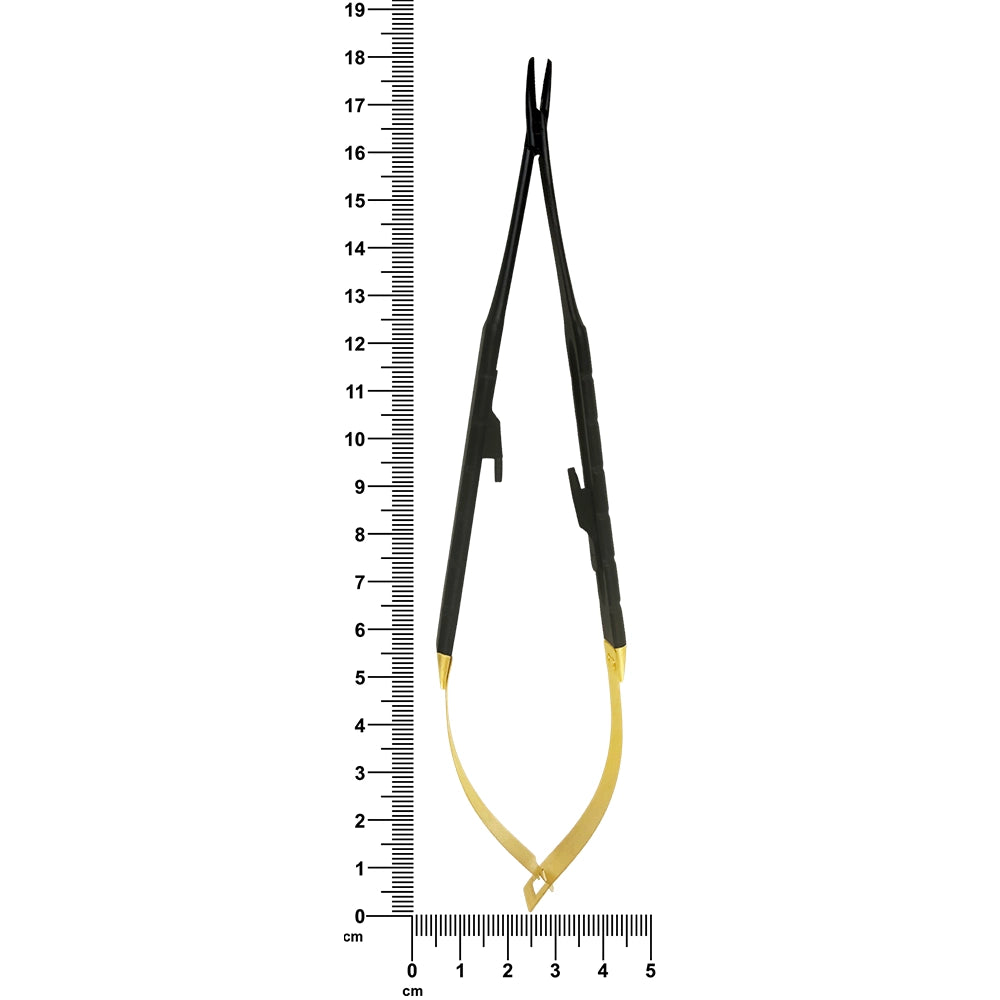 Castroviejo Black Edition curved needle holder beside ruler for 18 cm length