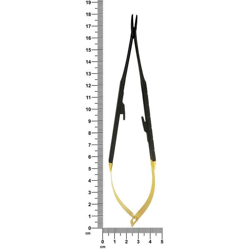 Castroviejo Black Edition curved needle holder beside ruler for 18 cm length