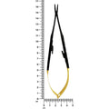 Curved Castroviejo needle holder, Black Edition, SKU 5515B, shown beside a ruler for scale
