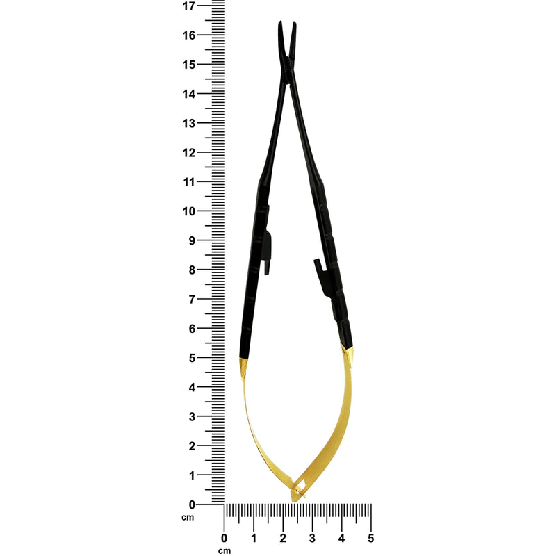 Curved Castroviejo needle holder, Black Edition, SKU 5515B, shown beside a ruler for scale