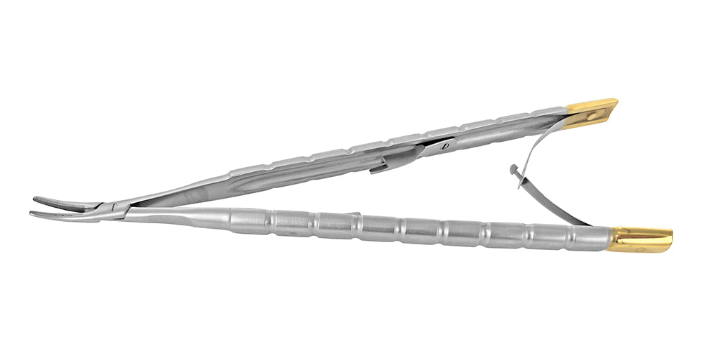 Product view of the curved Castroviejo needle holder with tungsten carbide jaws, 16 cm, SKU 5409C