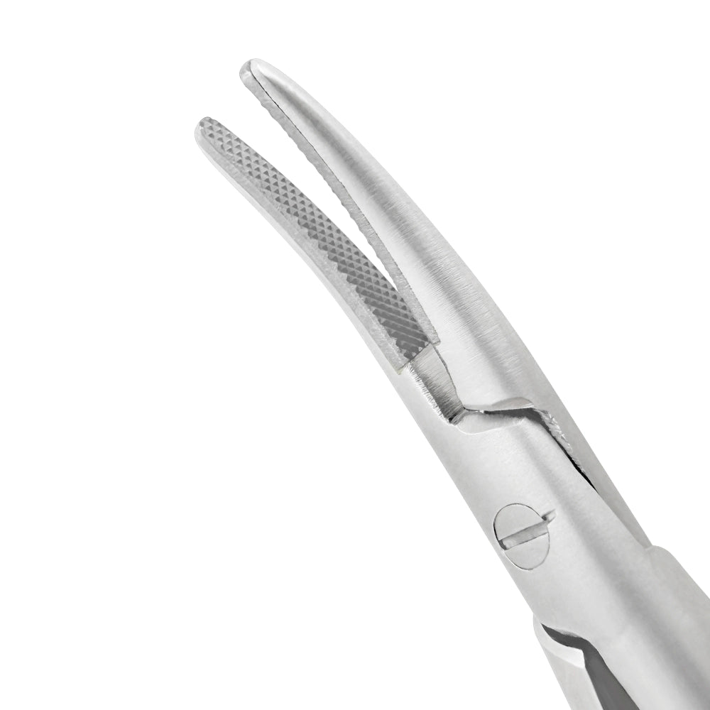 Close-up detail of the curved Castroviejo needle holder with tungsten carbide gripping surfaces, SKU 5409C