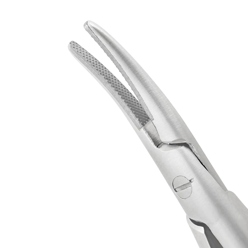 Close-up detail of the curved Castroviejo needle holder with tungsten carbide gripping surfaces, SKU 5409C