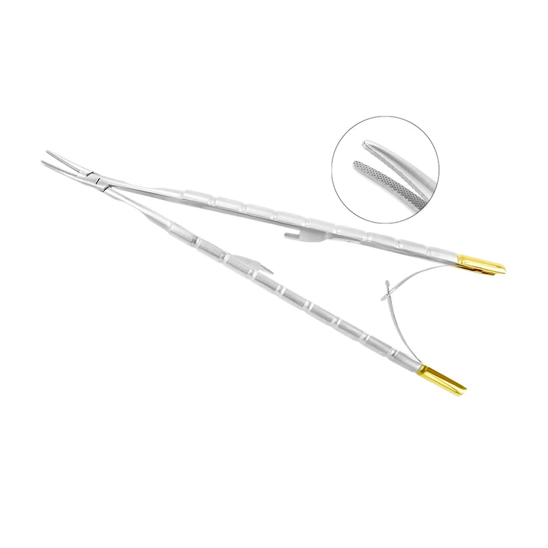 Castroviejo curved needle holder, 6.3 in (16 cm), with tungsten carbide gripping surfaces, SKU 5409C