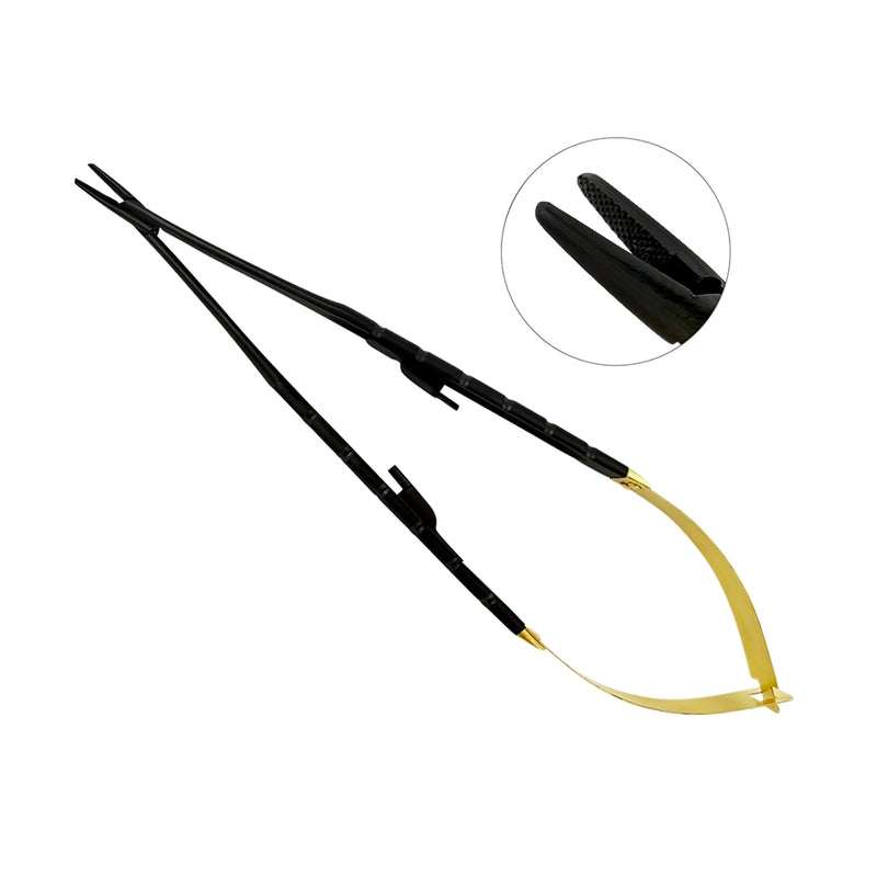 Castroviejo straight needle holder, Black Edition, with tungsten carbide jaws and 7.1 in (18 cm) overall length