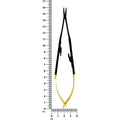 Castroviejo Black Edition straight needle holder beside ruler showing 16 cm length