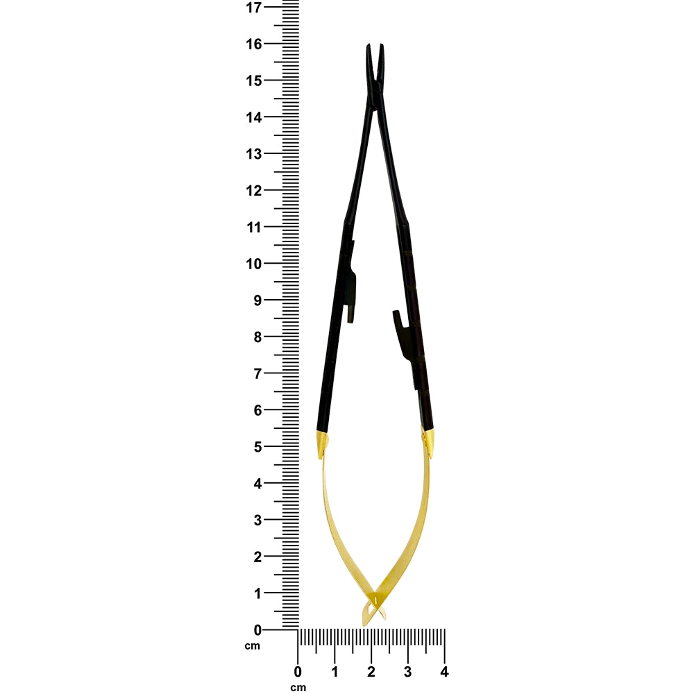Castroviejo Black Edition straight needle holder beside ruler showing 16 cm length