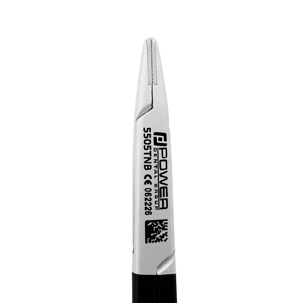 Close-up of the smaller, thinner straight jaws and tungsten carbide gripping surfaces on Crile-Wood Micro needle holder 5505TNB