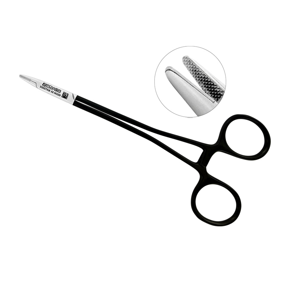 Crile-Wood Micro straight needle holder, 15 cm Black Edition, with smaller, thinner jaws and tungsten carbide gripping surfaces