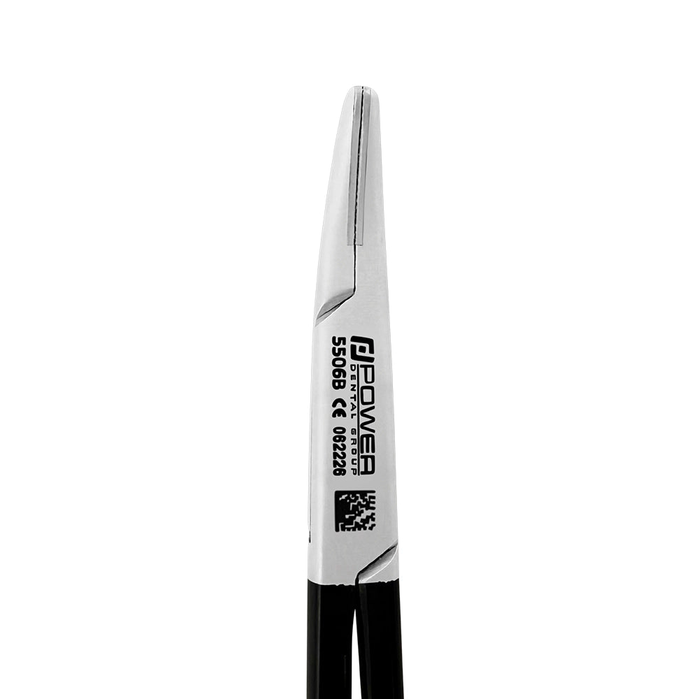 Macro detail of tungsten carbide gripping surfaces on curved Crile-Wood Black Edition needle holder