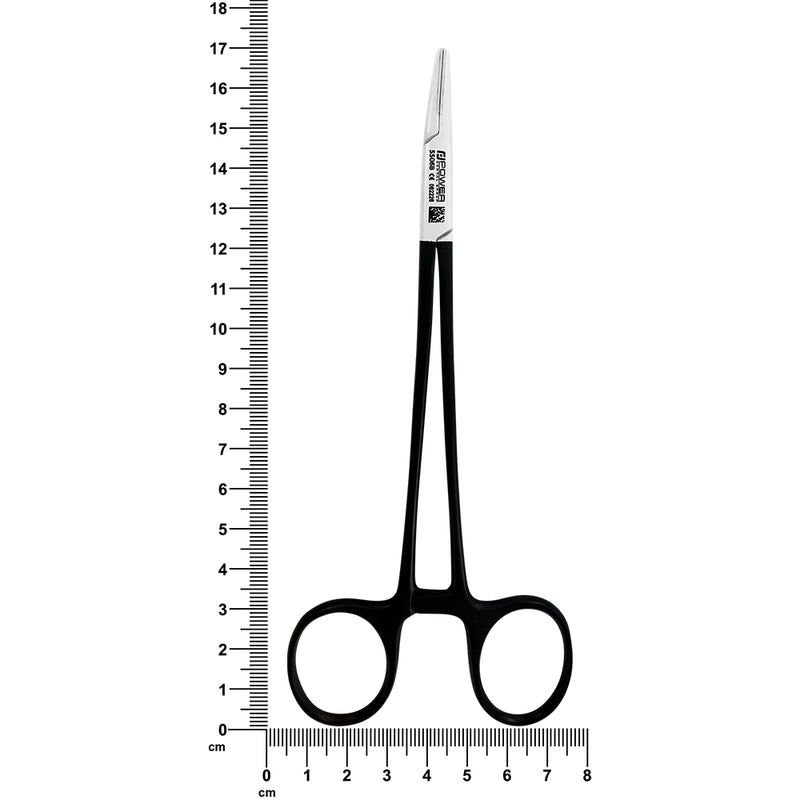 Crile-Wood Black Edition curved needle holder 5506B shown alongside a ruler for scale
