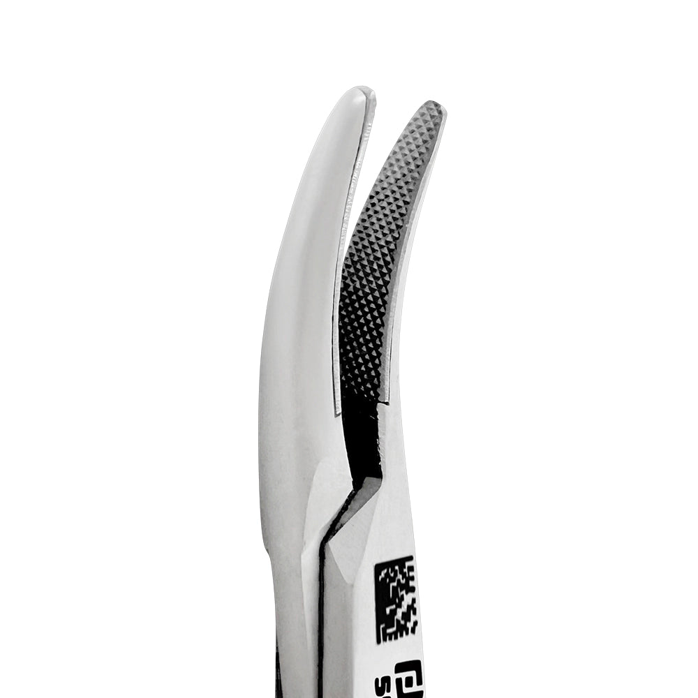 Close-up of the curved tungsten carbide gripping jaws on Crile-Wood needle holder 5506