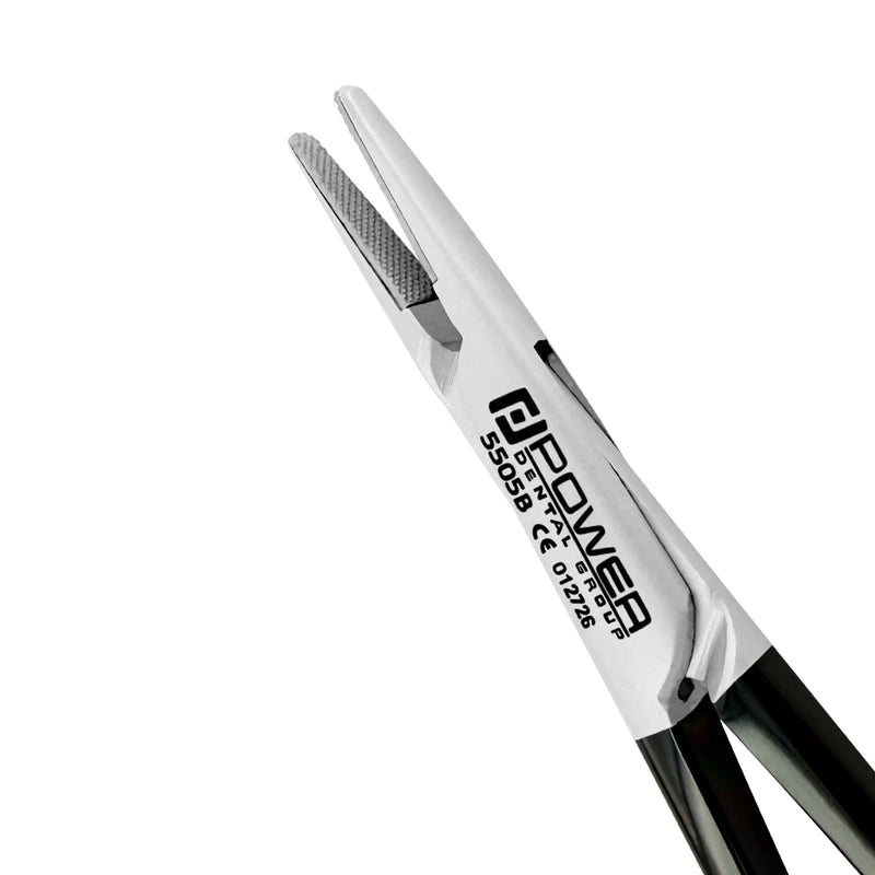 Close-up of the tungsten carbide jaw surfaces on Crile-Wood Black Edition needle holder 5505B