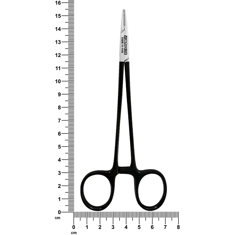 Crile-Wood straight Black Edition needle holder 5505B pictured beside ruler for scale