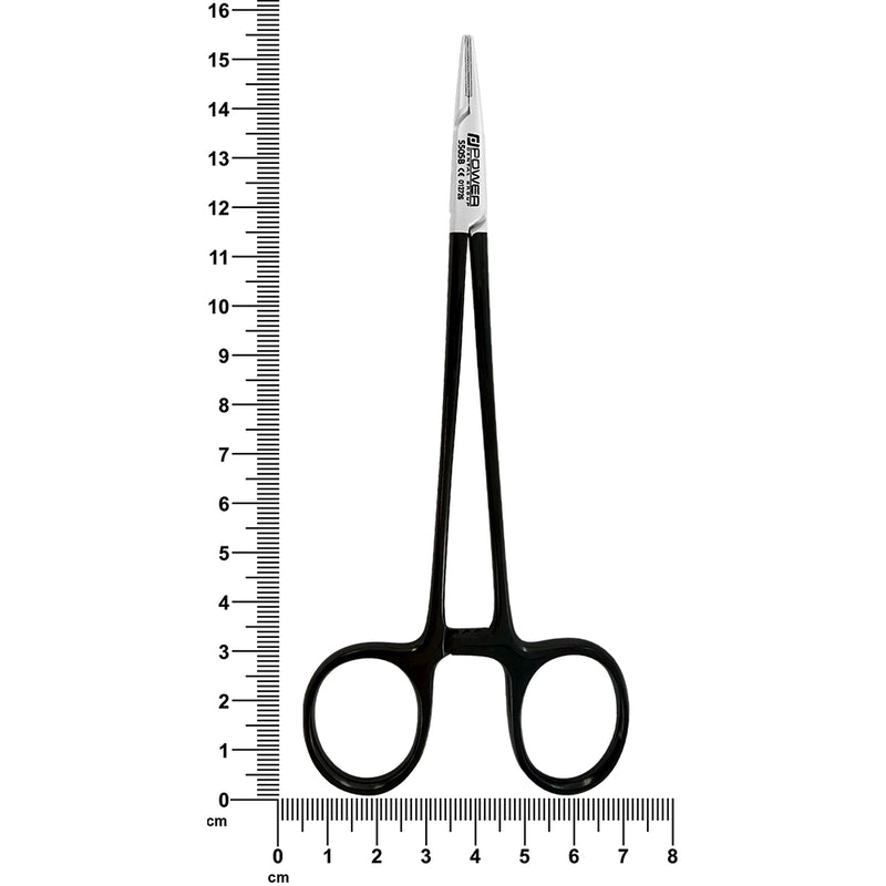 Crile-Wood straight Black Edition needle holder 5505B pictured beside ruler for scale