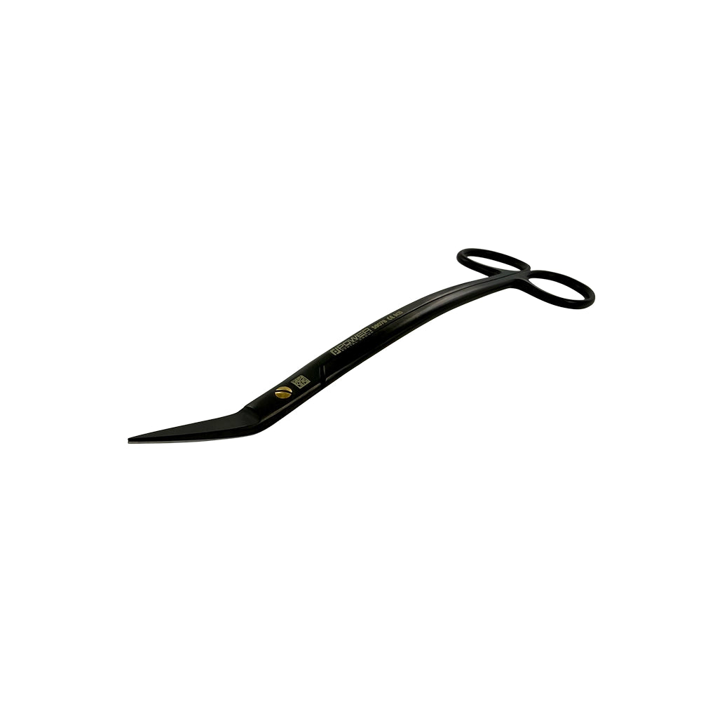 Angled product view of Dean Super Cut suture scissors with black titanium finish