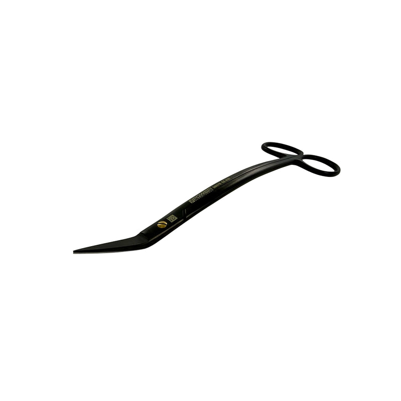 Angled product view of Dean Super Cut suture scissors with black titanium finish