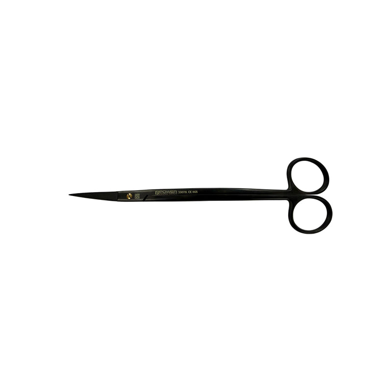 Closed full-length view of Dean Super Cut suture scissors with black titanium finish