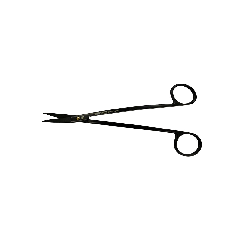 Open view of Dean Super Cut suture scissors with black titanium finish