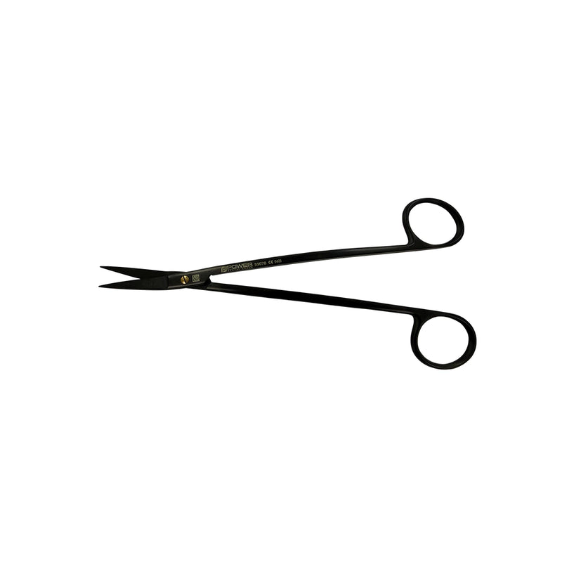 Open view of Dean Super Cut suture scissors with black titanium finish