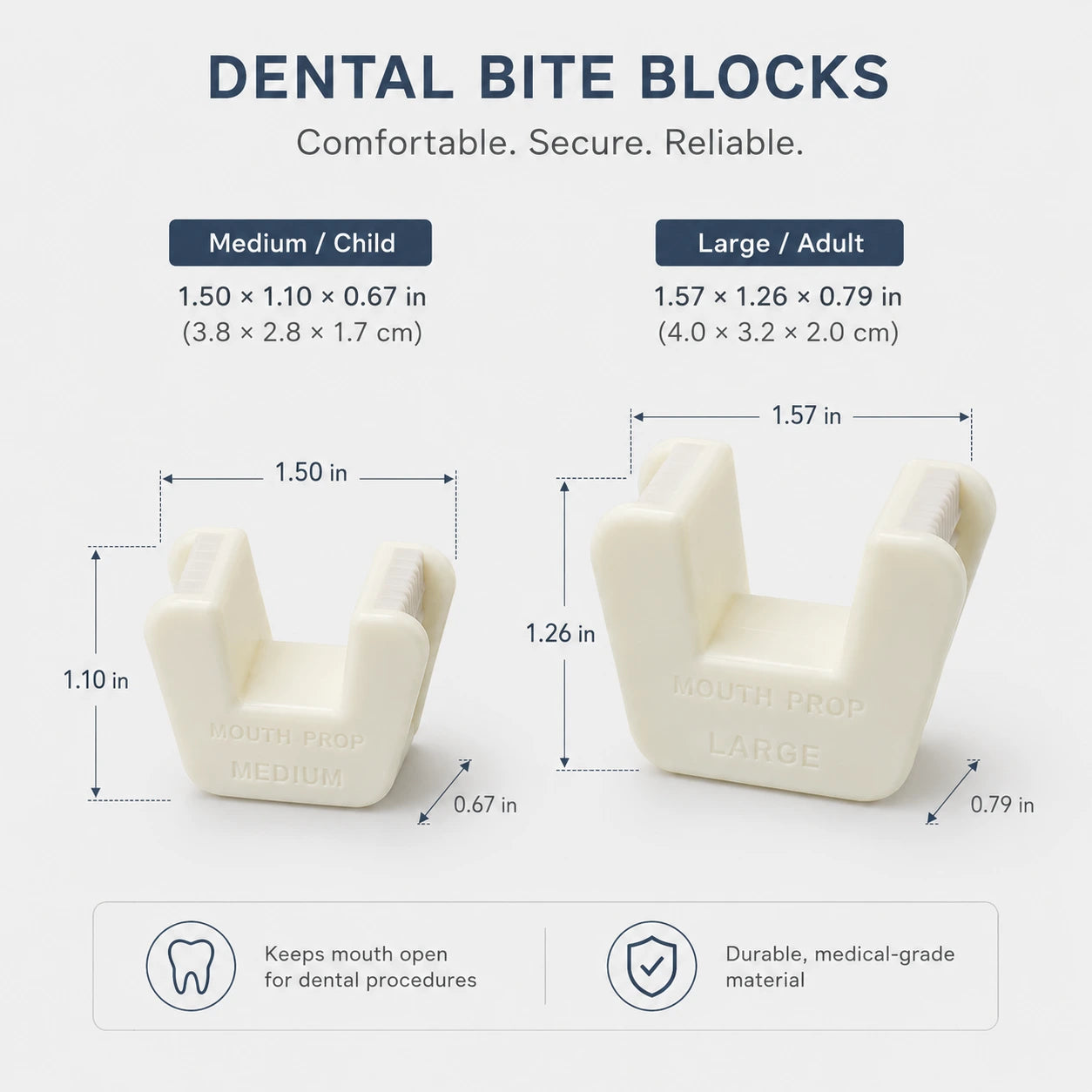Dental Bite Blocks dimensions for Medium Child and Large Adult mouth props