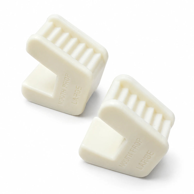 Dental bite blocks showing ribbed silicone inner bite surfaces for medium and large mouth props