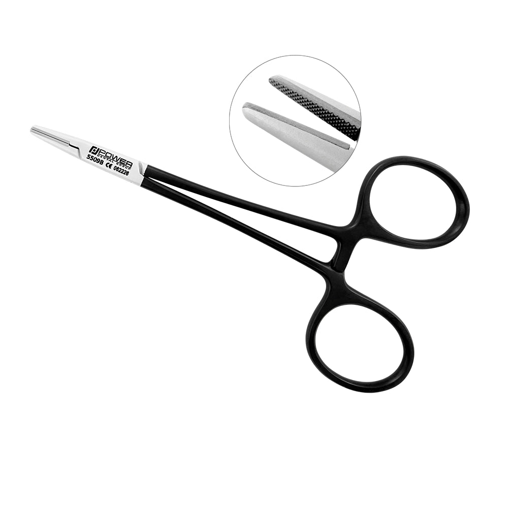 Derf straight needle holder in Black Edition finish, 11.5 cm, with tungsten carbide gripping jaws