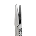 Close-up of straight serrated tungsten carbide gripping jaws on Derf needle holder SKU 5509