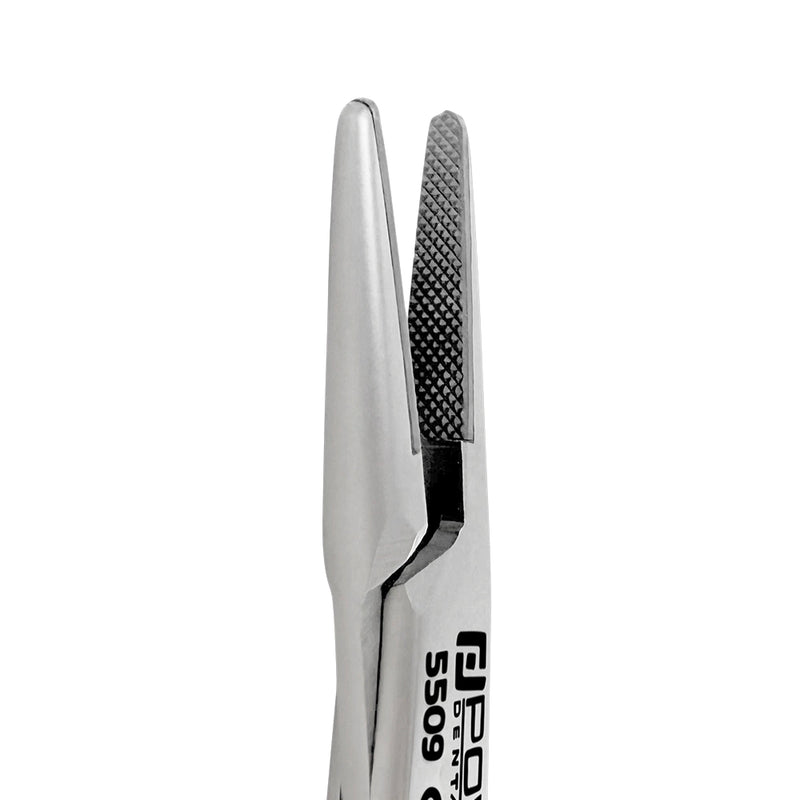 Close-up of straight serrated tungsten carbide gripping jaws on Derf needle holder SKU 5509