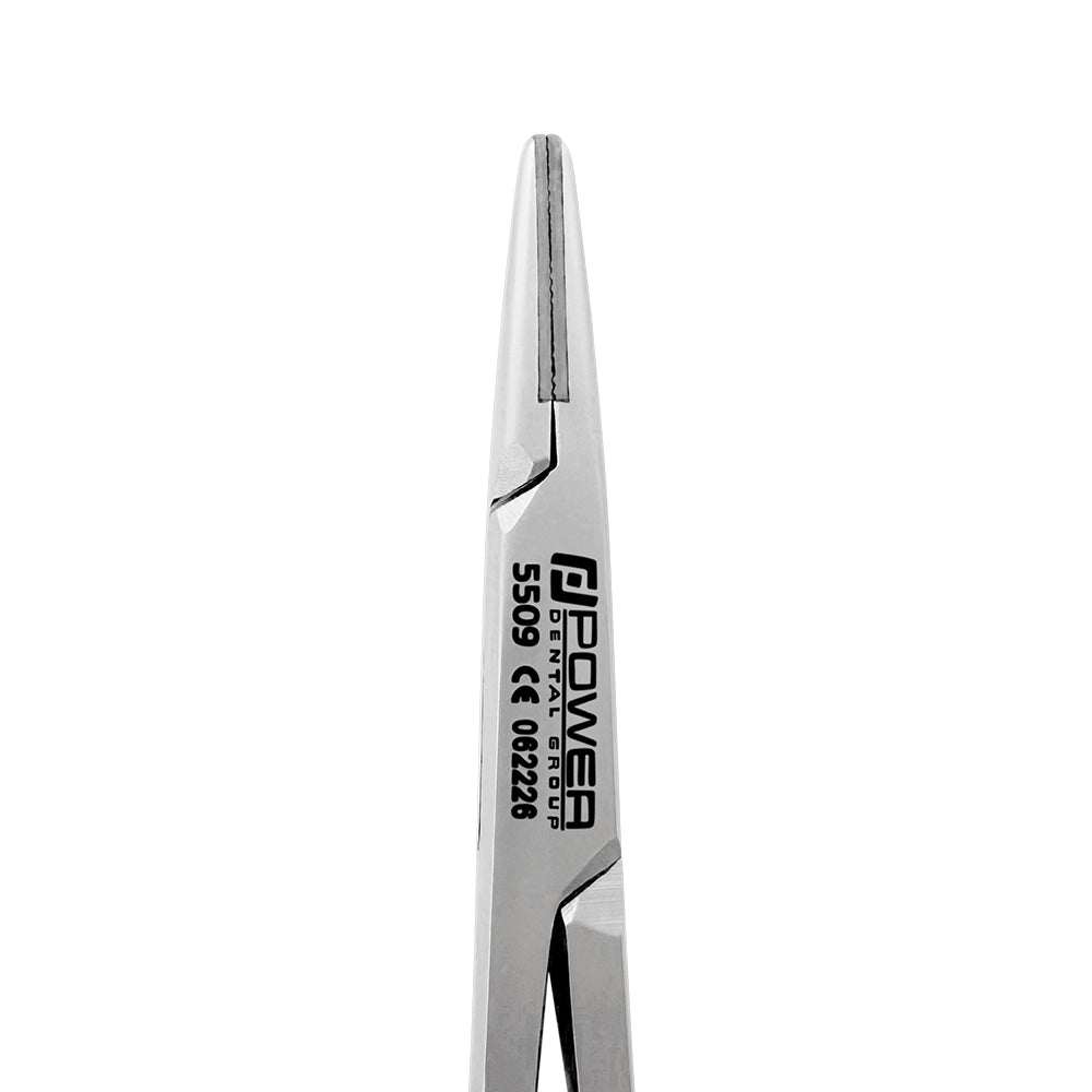 Macro detail of serrated tungsten carbide jaw surfaces on the 11.5 cm Derf straight needle holder, SKU 5509