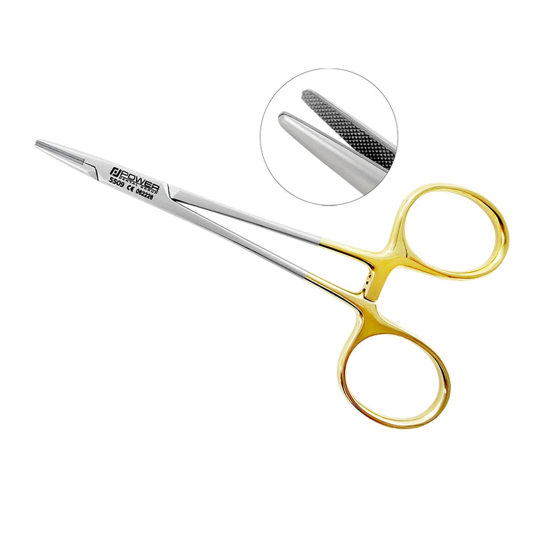 Derf straight needle holder, 11.5 cm, with tungsten carbide gripping jaws and finger-ring handles, SKU 5509