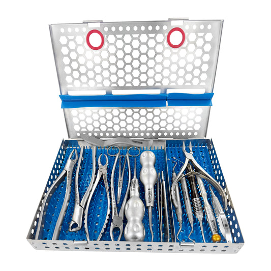 Dr. Clark Oakey General Practice Kit with 16 surgical instruments in open stainless steel cassette, angled main view