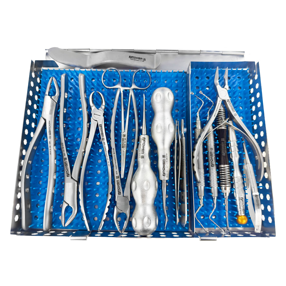 Top view of Dr. Clark Oakey General Practice Kit showing 16 instruments organized inside stainless steel cassette