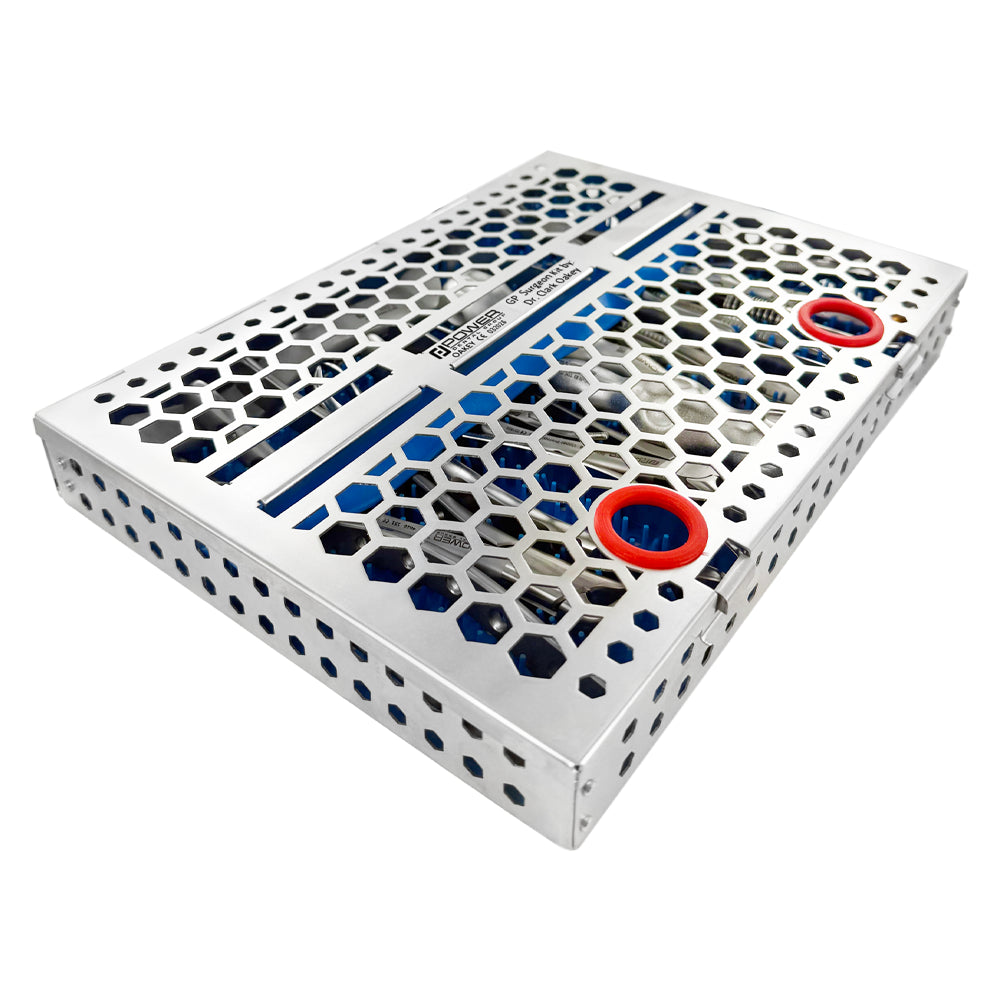 Angled top view of closed stainless steel cassette from Dr. Clark Oakey General Practice Kit