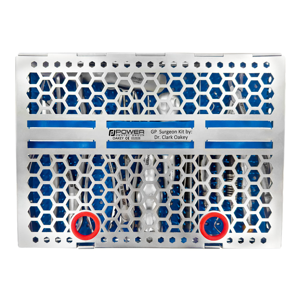 Closed front view of stainless steel cassette from Dr. Clark Oakey General Practice Kit