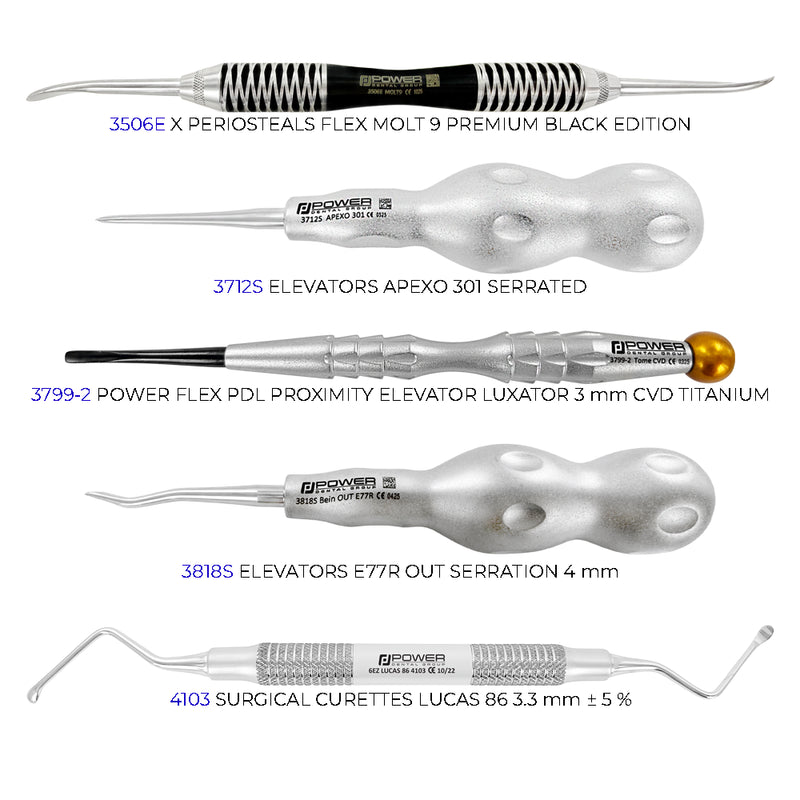 Dr. Clark Oakey General Practice Kit instruments set 1 with periosteal elevator, serrated elevators, luxator, and Lucas curette