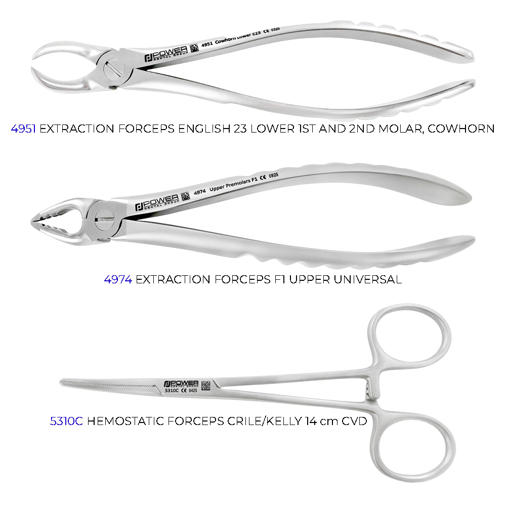 Dr. Clark Oakey General Practice Kit instruments set 3 with extraction forceps and Crile-Kelly hemostatic forceps