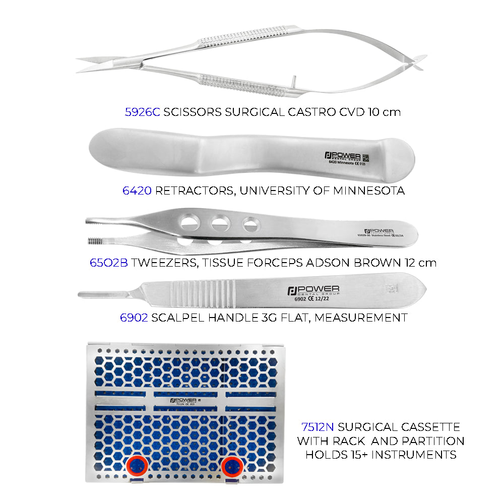 Dr. Clark Oakey General Practice Kit instruments set 4 with Castroviejo scissors, Minnesota retractor, Adson-Brown tissue forceps, scalpel handle, and cassette