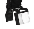 Flip-down OLED viewfinder attachment on Dr. Kim 4K headlamp camera system for real-time framing and positioning