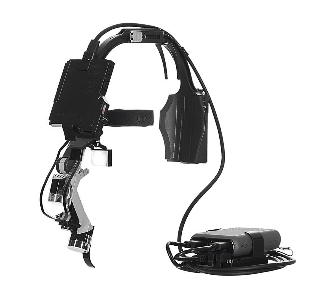 Side view of Dr. Kim 4K wireless headlamp camera system with transmitter and receiver setup