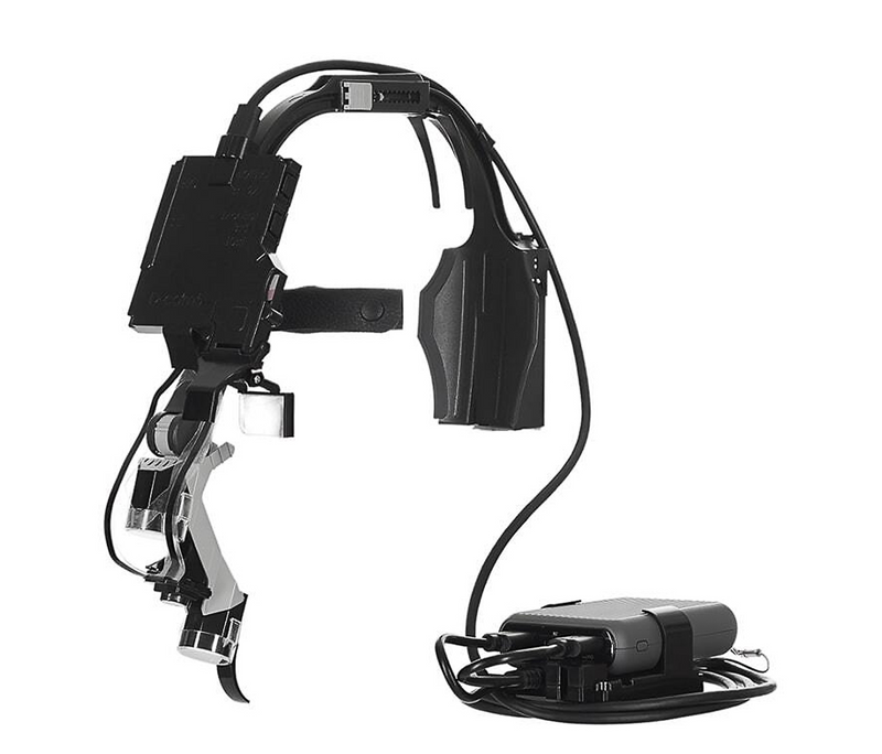 Side view of Dr. Kim 4K wireless headlamp camera system with transmitter and receiver setup
