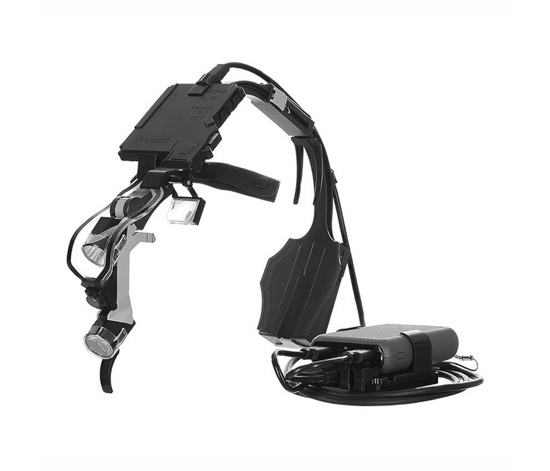 Dr. Kim 4K ViewFinder headlamp camera system with wireless transmitter and rechargeable battery mounted on clinical headlamp