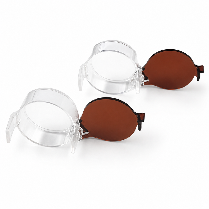 Dr. Kim Clear / Dark Brown Amber Headlamp Filters shown open with clear shield and amber filter layer