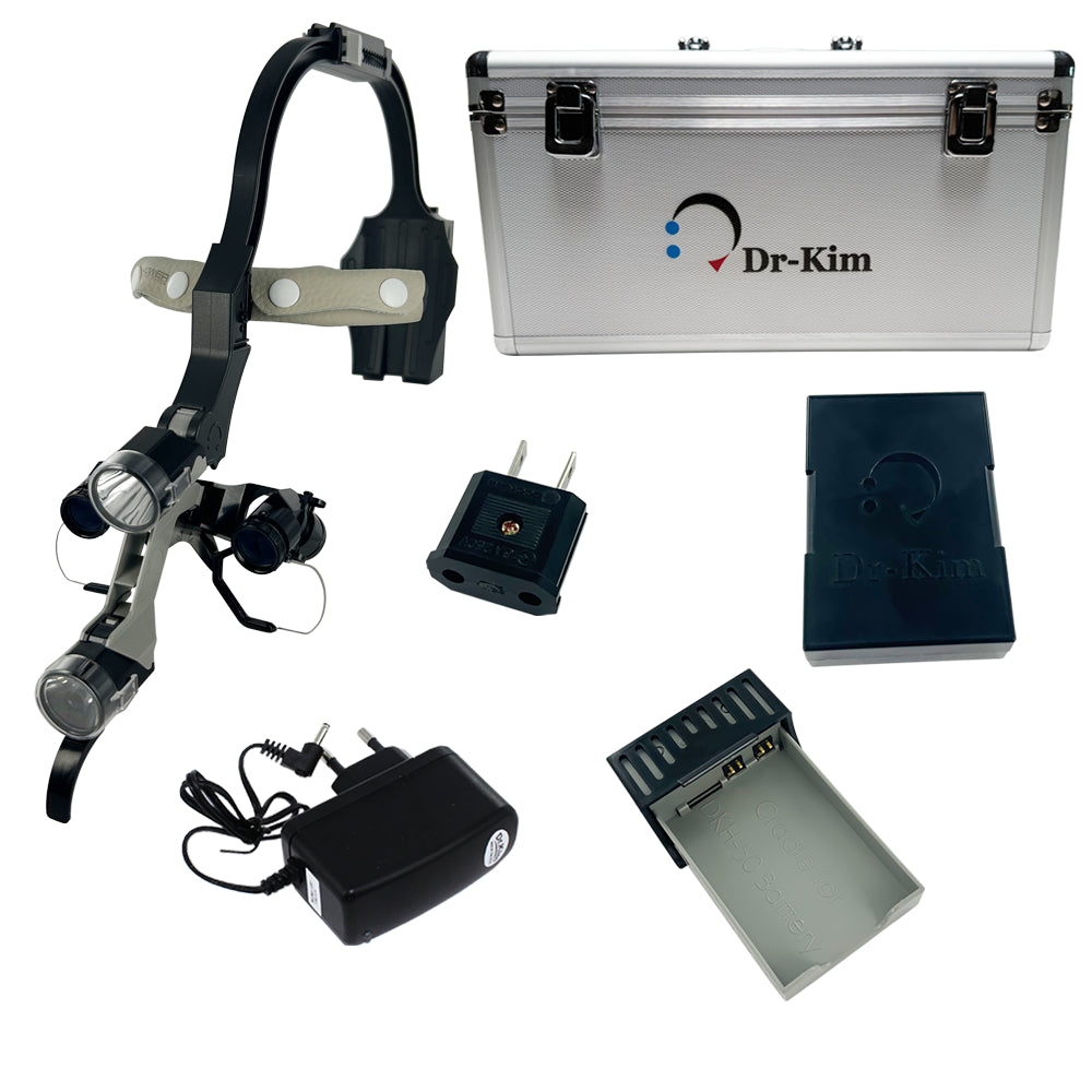 Dr. Kim ErgoView headlamp dual magnification system with ergonomic headband, LED illumination, rechargeable batteries, charger, and hard travel case