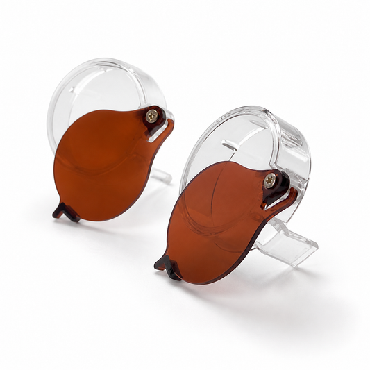 Dual-layer detail of Dr. Kim headlamp filters with clear outer shield and amber filtering layer
