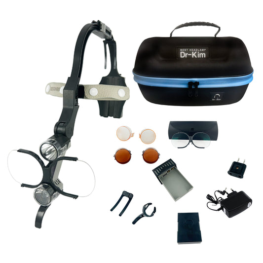 Dr. Kim LED surgical headlamp black kit with ergonomic headband, LED light, rechargeable batteries, charger, light filter caps, and hard travel case
