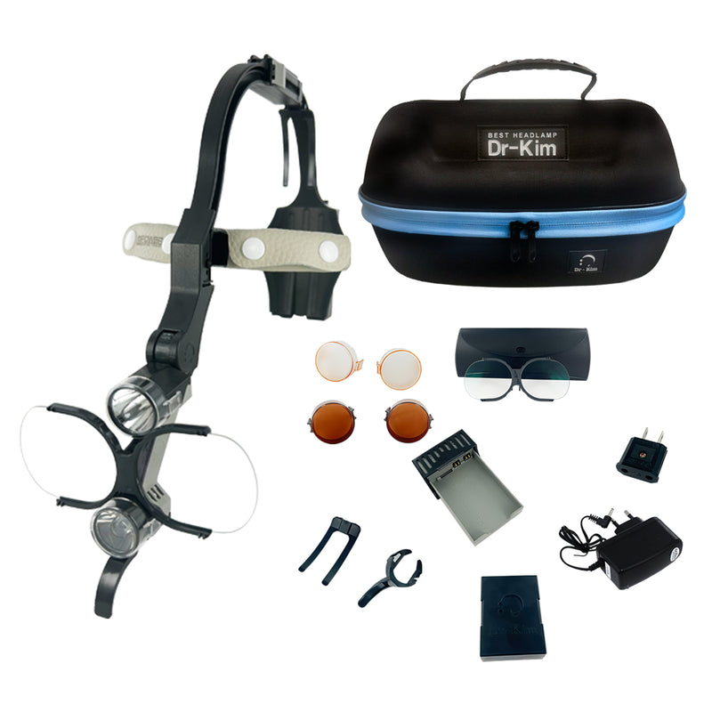 Dr. Kim LED surgical headlamp black kit with ergonomic headband, LED light, rechargeable batteries, charger, light filter caps, and hard travel case