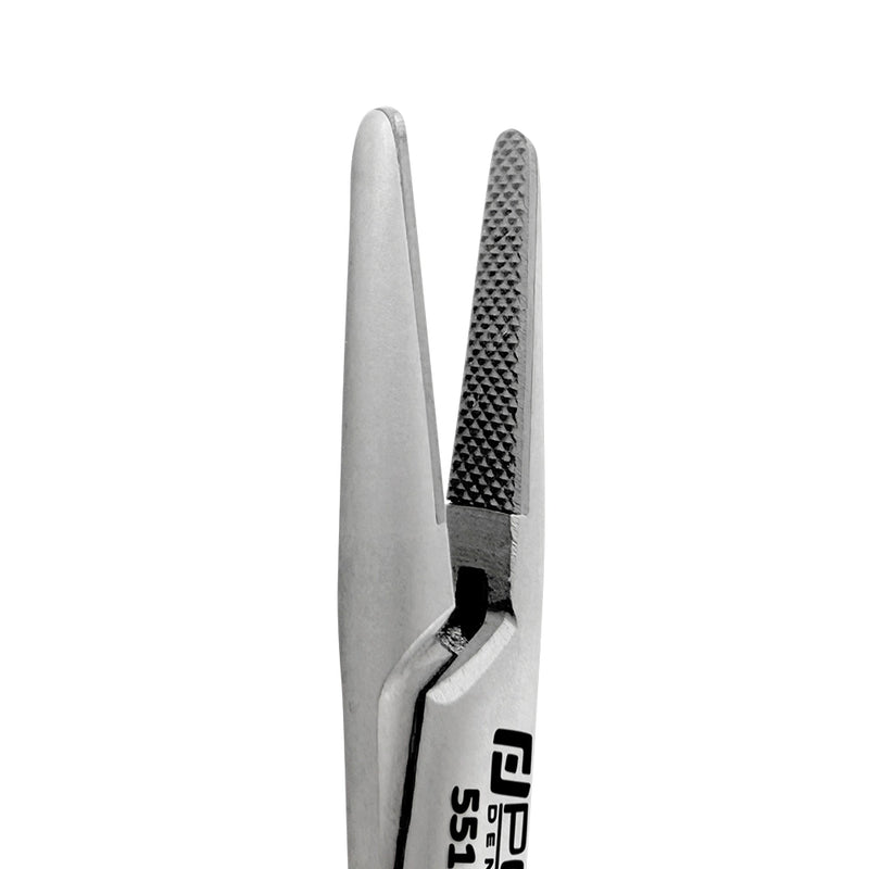 Close-up of the fine, straight serrated jaws on the Halsey Black Edition needle holder, SKU 5512B