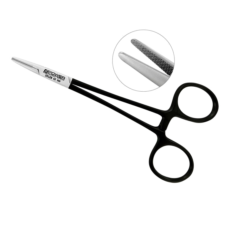 Halsey Black Edition straight needle holder, 5.1 in (13 cm), with fine jaws and tungsten carbide gripping surfaces, SKU 5512B